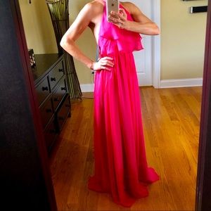 Elegant Robert Rodriguez silk dress, stunning ruffled halter neck, floor length.